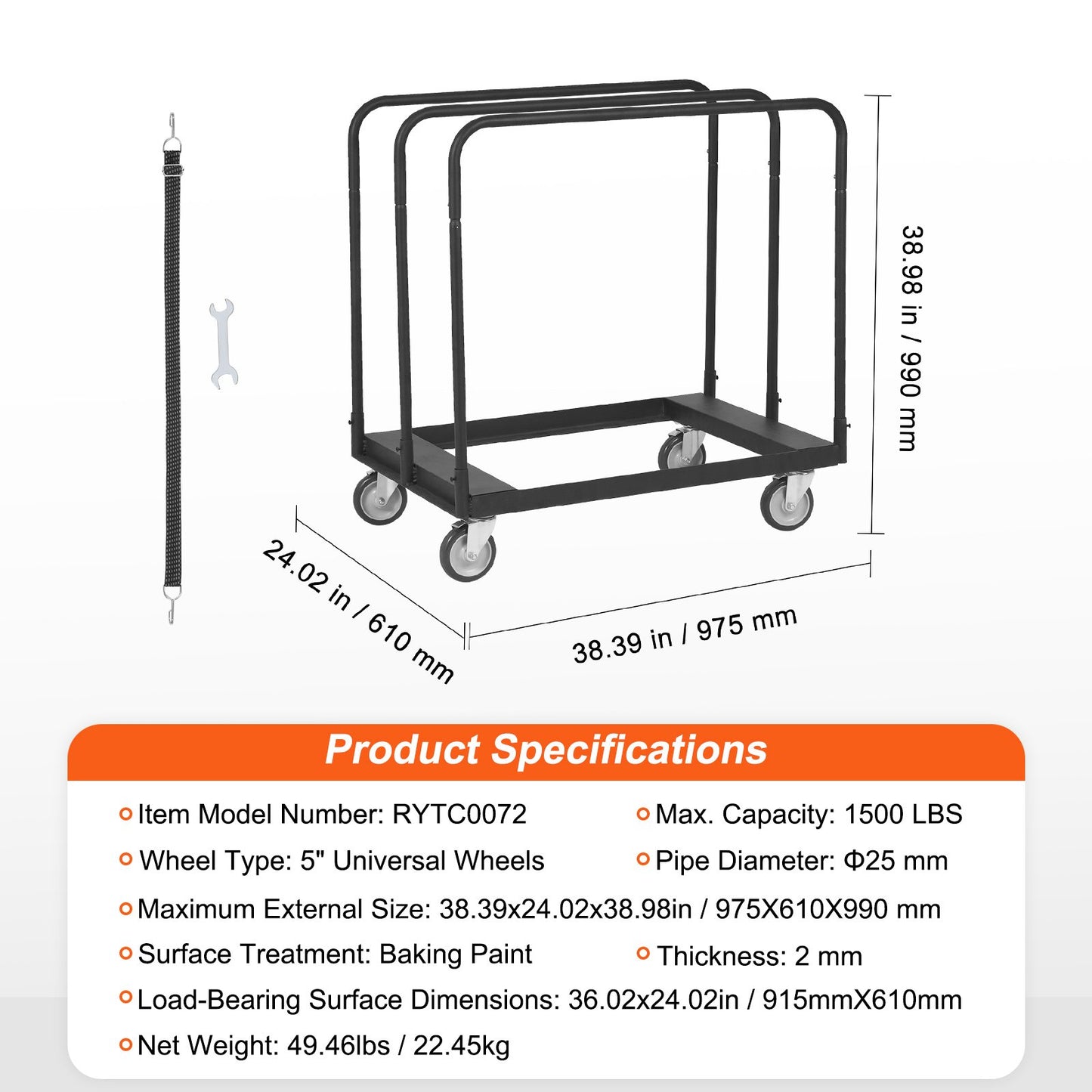 VEVOR Drywall Cart, 1500 LBS Panel Dolly Cart with 36.02" x 24.02" Deck and 5" Swivel