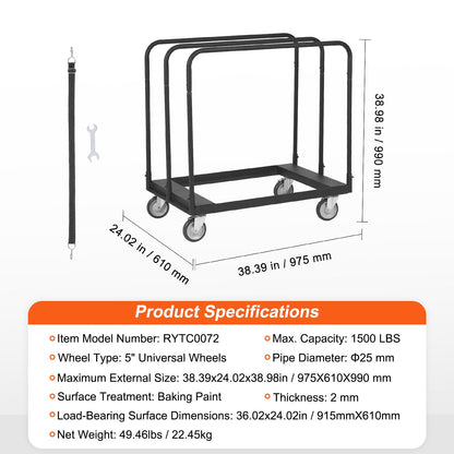 VEVOR Drywall Cart, 1500 LBS Panel Dolly Cart with 36.02" x 24.02" Deck and 5" Swivel