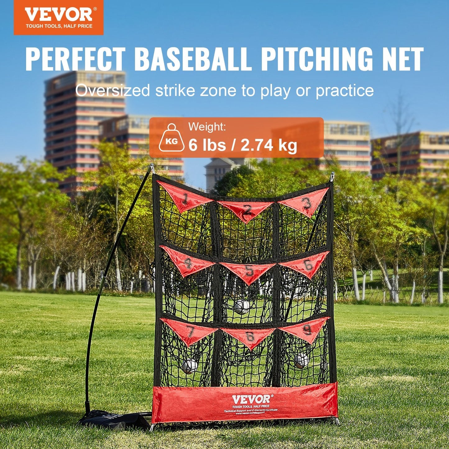 9-Pocket Baseball/Softball Pitching Net with Oversized Strike Zone, 0.91x0.76m