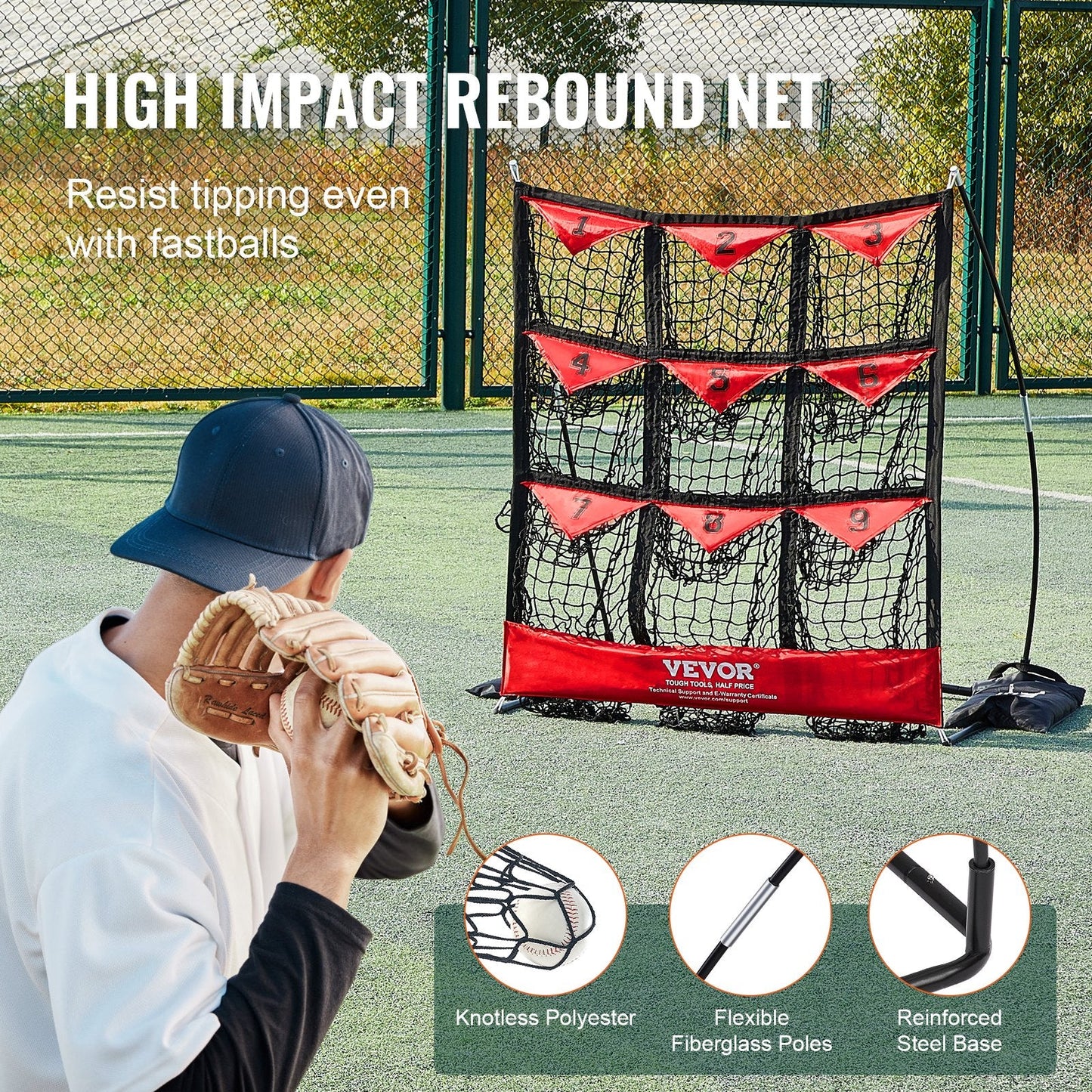 9-Pocket Baseball Softball Pitching Net with Oversized Strike Zone, 1.24x1.07 m