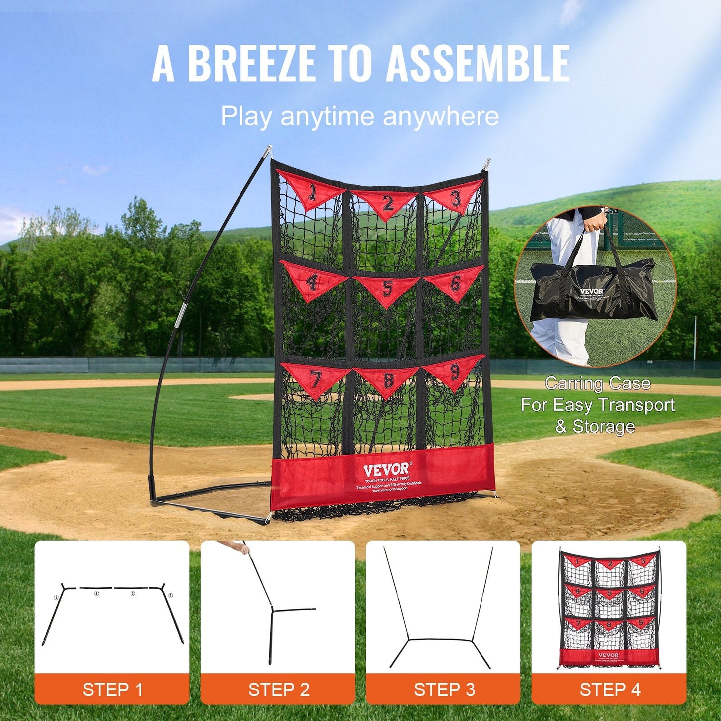 9-Pocket Baseball Softball Pitching Net with Oversized Strike Zone, 1.24x1.07 m