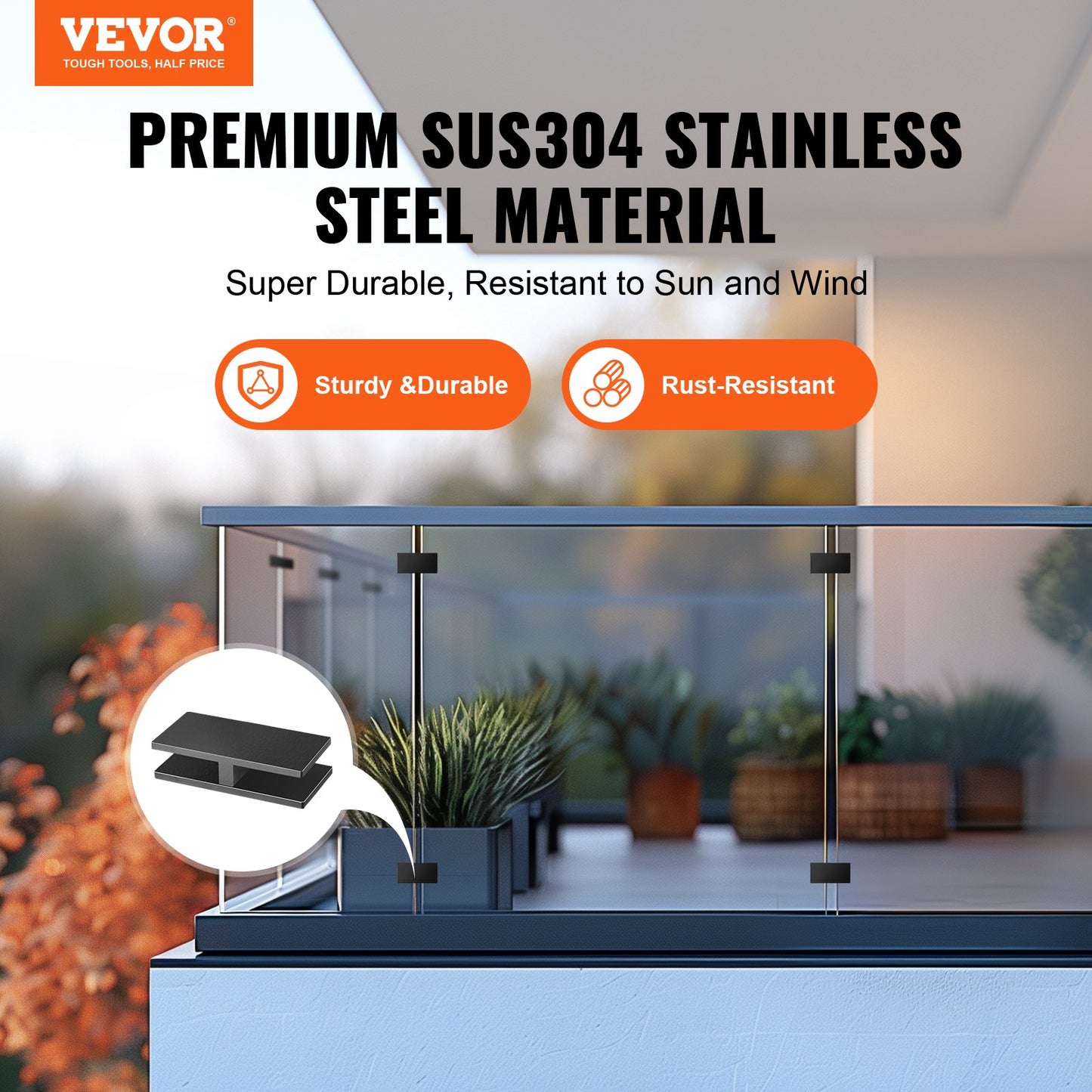 VEVOR Glass Clamp, 4 PCS Rectangle Glass Railing Bracket for 0.31 "-0.47 " Tempered