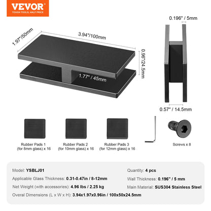 VEVOR Glass Clamp, 4 PCS Rectangle Glass Railing Bracket for 0.31 "-0.47 " Tempered