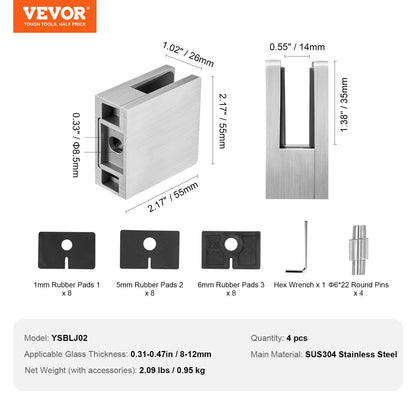 VEVOR Glass Clamp, 4 PCS Square Glass Railing Bracket for 0.31 "-0.47 " Tempered