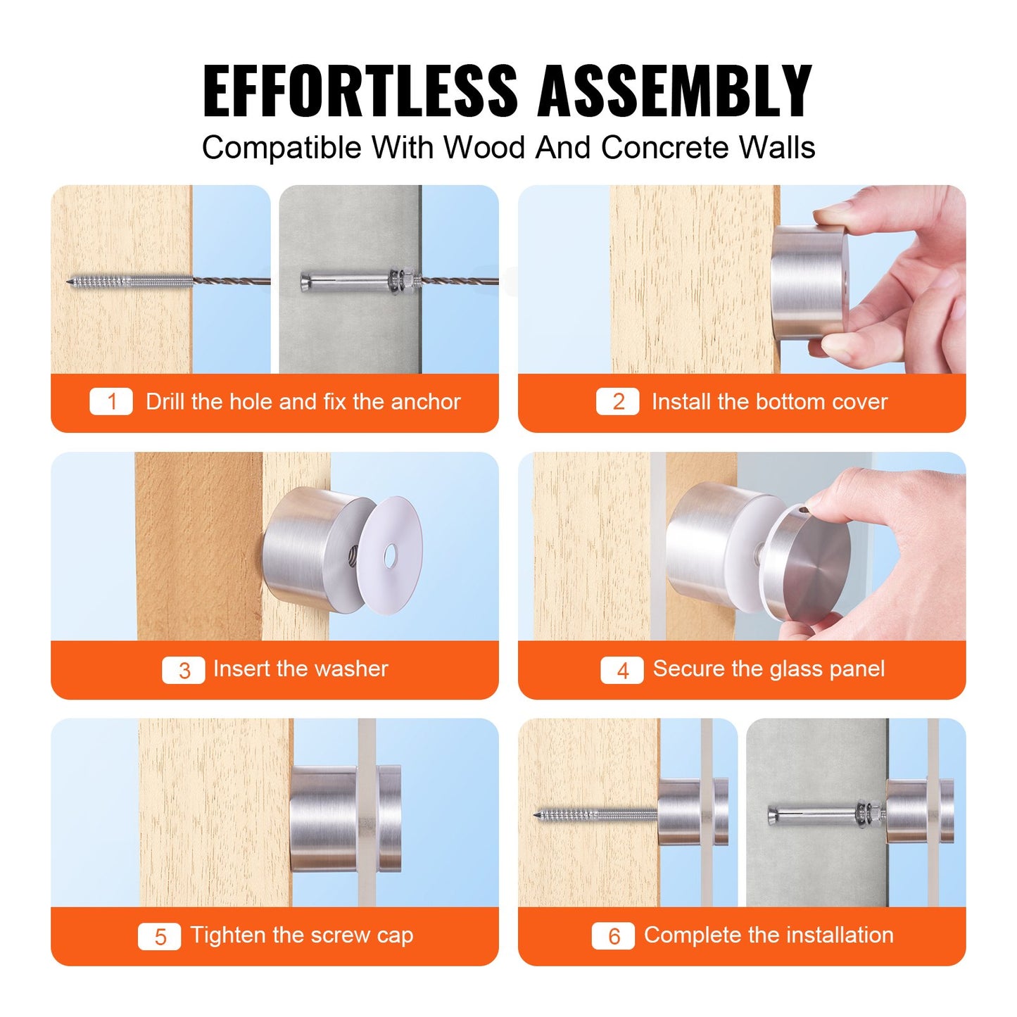 VEVOR Glass Clamp, 10 PCS Round Glass Railing Bracket for 0.31 "-0.62 " Tempered