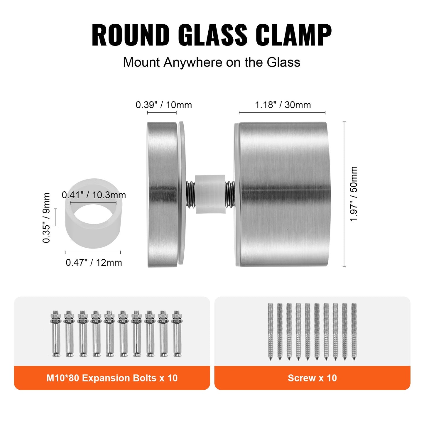 VEVOR Glass Clamp, 10 PCS Round Glass Railing Bracket for 0.31 "-0.62 " Tempered