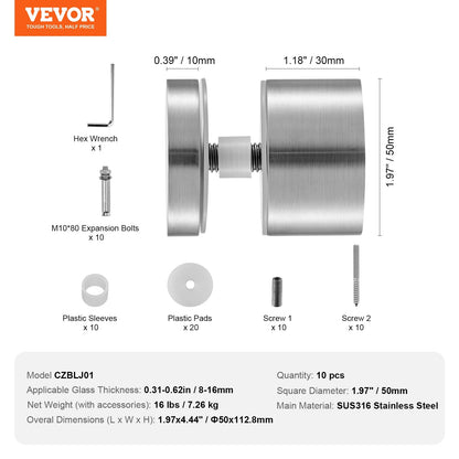Stainless Steel Glass Railing Brackets, 10 PCS for 8-16mm Glass, Silver Finish