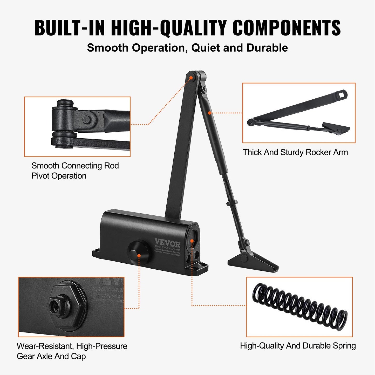 Heavy Duty Hydraulic Door Closer, Adjustable for 45kg Doors, Black Aluminum