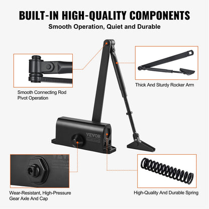 Heavy Duty Hydraulic Door Closer, Adjustable for 45kg Doors, Black Aluminum