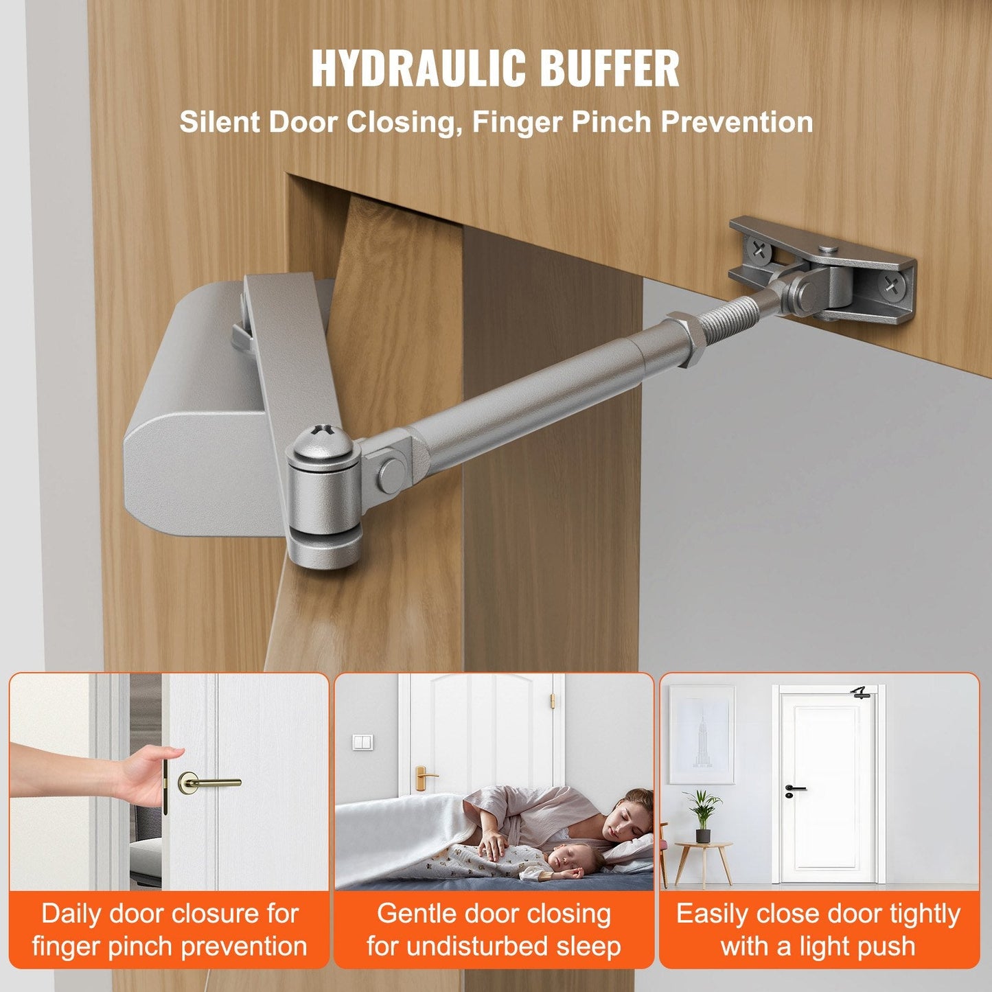 Automatic Hydraulic Door Closer, Silver, Adjustable for Doors Up to 45 kg