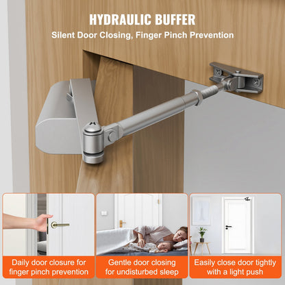 Automatic Hydraulic Door Closer, Silver, Adjustable for Doors Up to 45 kg