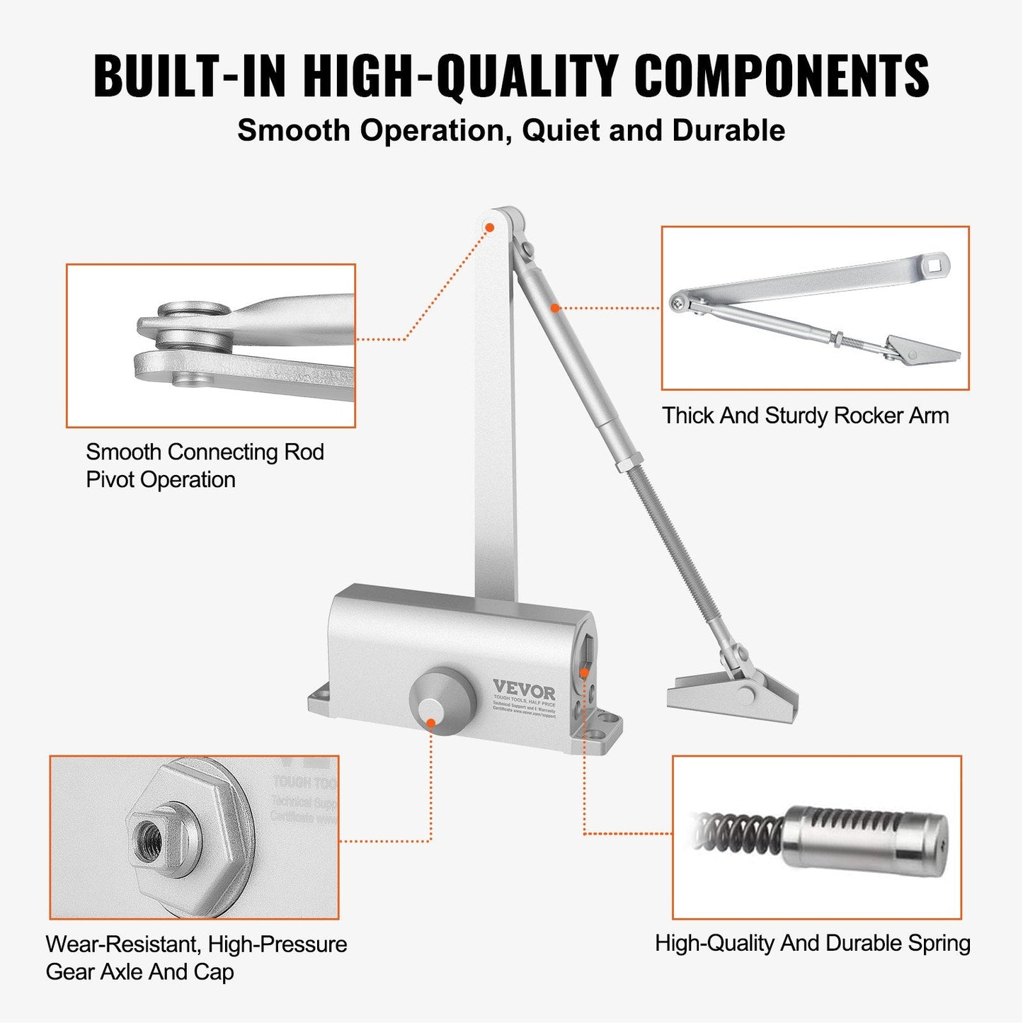 Automatic Hydraulic Door Closer, Silver, Adjustable for Doors Up to 45 kg