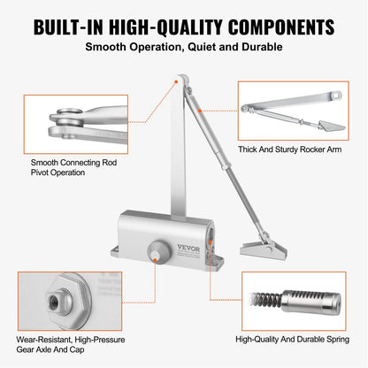 Automatic Hydraulic Door Closer, Silver, Adjustable for Doors Up to 45 kg