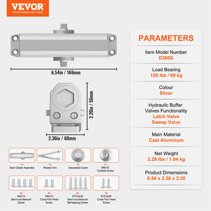 VEVOR 68 kg Commercial Door Closer Heavy Duty Residential Hydraulic Auto Silver