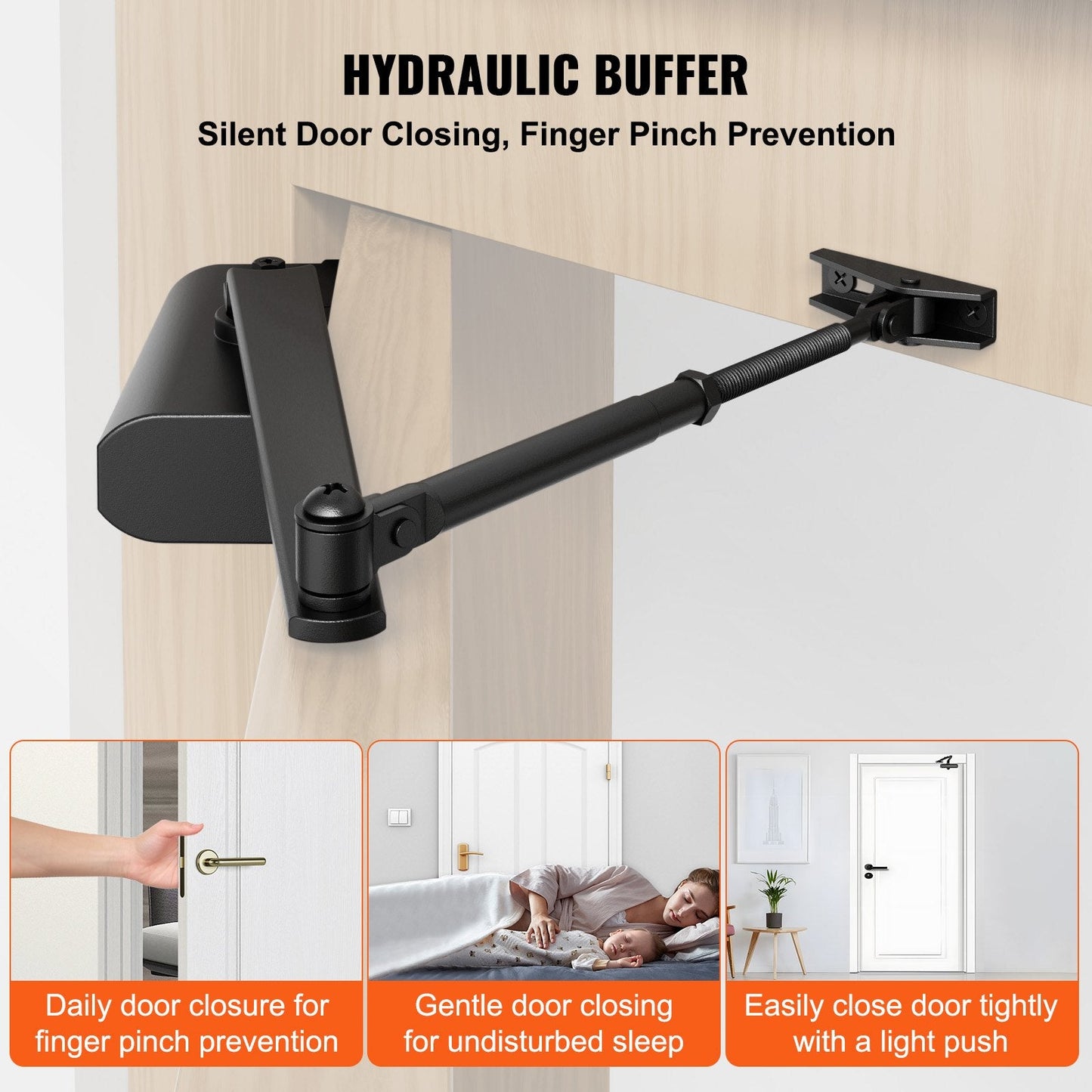 Automatic Hydraulic Door Closer, Heavy Duty, Adjustable, Black, 85 kg Capacity