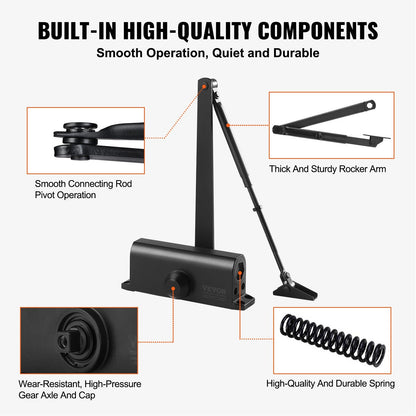 Automatic Hydraulic Door Closer, Heavy Duty, Adjustable, Black, 85 kg Capacity