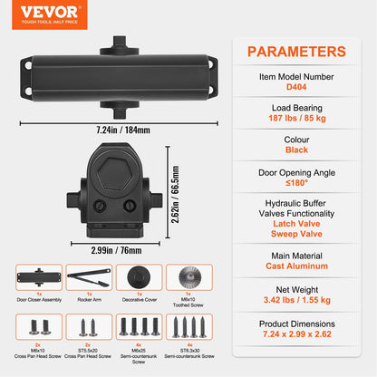 Automatic Hydraulic Door Closer, Heavy Duty, Adjustable, Black, 85 kg Capacity