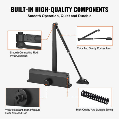 Automatic Hydraulic Door Closer, Heavy Duty, 150 kg Load, Black, Easy Install
