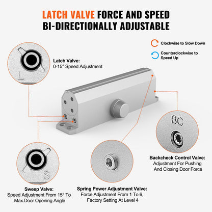 Automatic Hydraulic Door Closer, Heavy Duty, 150 kg Capacity, Silver Finish