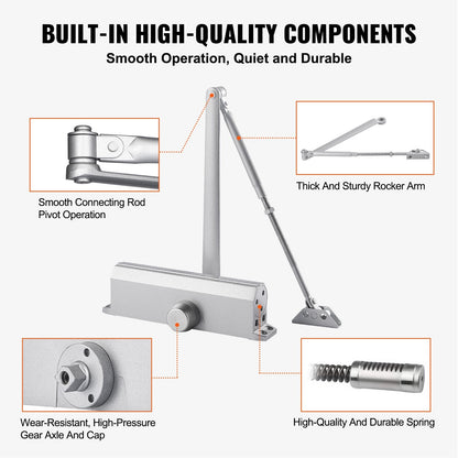 Automatic Hydraulic Door Closer, Heavy Duty, 150 kg Capacity, Silver Finish