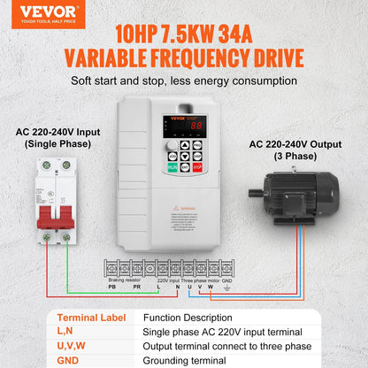 10HP 7.5KW VFD, 220V Single to 3-Phase, Variable Frequency Drive 0-400Hz