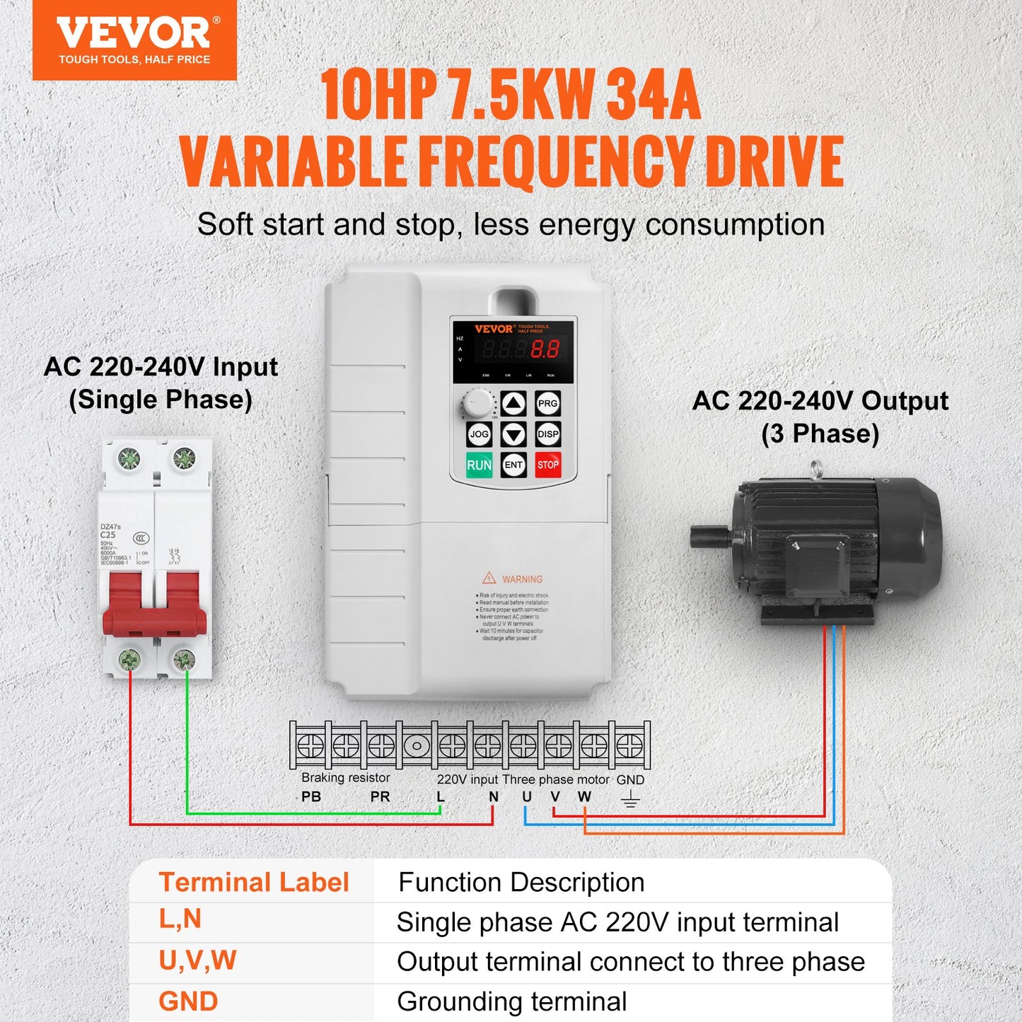 VEVOR VFD 10HP, 7.5KW, 34A, 1 Phase 220V-240V Input to 3 Phase 220V-240V Output