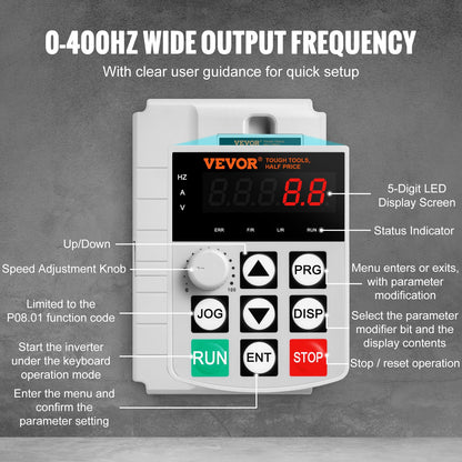 VEVOR VFD 10HP, 7.5KW, 34A, 1 Phase 220V-240V Input to 3 Phase 220V-240V Output