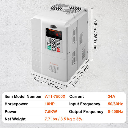 10HP 7.5KW VFD, 220V Single to 3-Phase, Variable Frequency Drive 0-400Hz