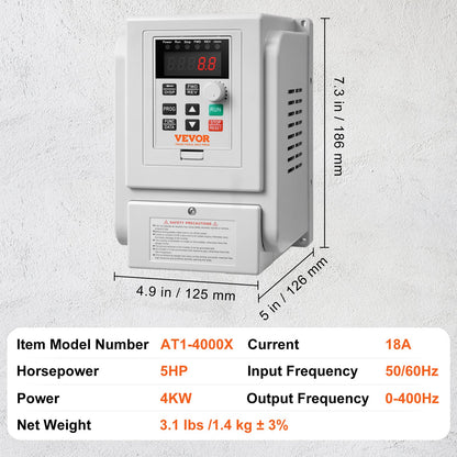 VEVOR VFD 5HP, 4KW, 18A, 1 Phase 220V-240V Input to 3 Phase 220V-240V Output Variable