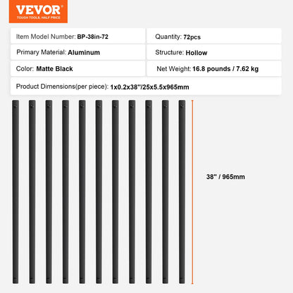 VEVOR Staircase Metal Balusters, 38'' x 1'' Flat Aluminum Alloy Decorative Banister