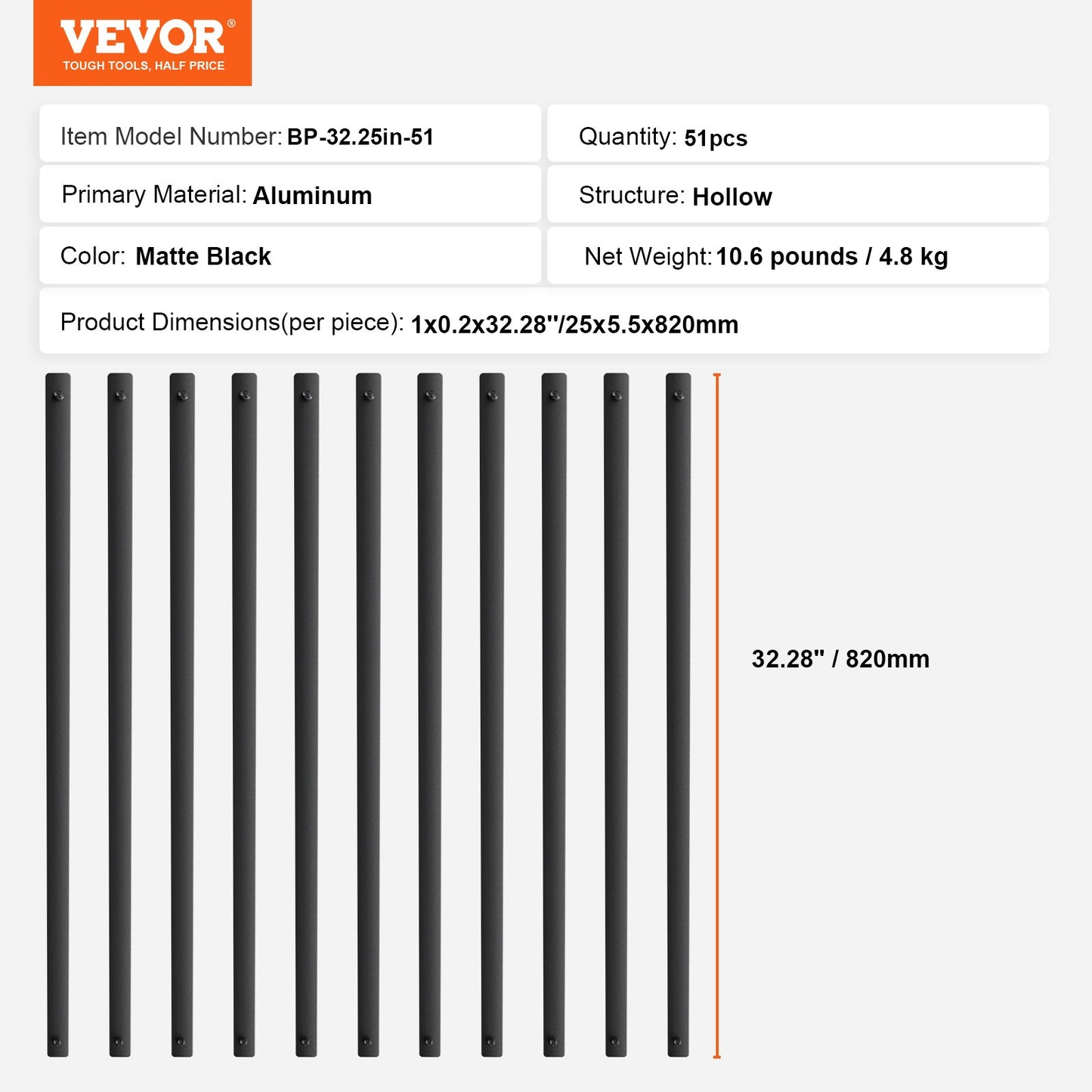 VEVOR Staircase Metal Balusters, 32.28'' x 1'' Flat Aluminum Alloy Decorative Banister