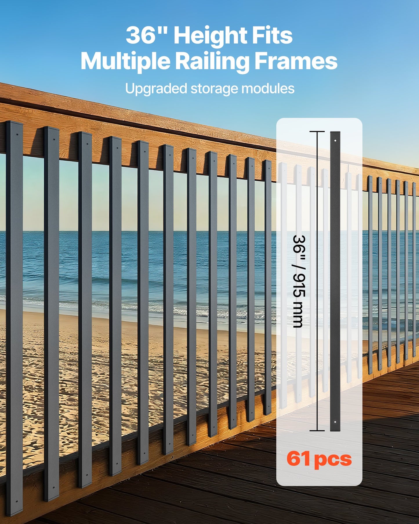 61 Pack Deck Balusters, 91.5 cm Galvanized Steel Railing Spindles, Hollow Rectangle Metal Decking Stair Balusters with Pre-Drilled Hole, End Caps, Screws, for Deck, Porch & Stair Railing, Black
