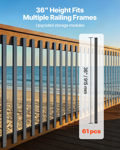 61 Pack Deck Balusters, 91.5 cm Galvanized Steel Railing Spindles, Hollow Rectangle Metal Decking Stair Balusters with Pre-Drilled Hole, End Caps, Screws, for Deck, Porch & Stair Railing, Black