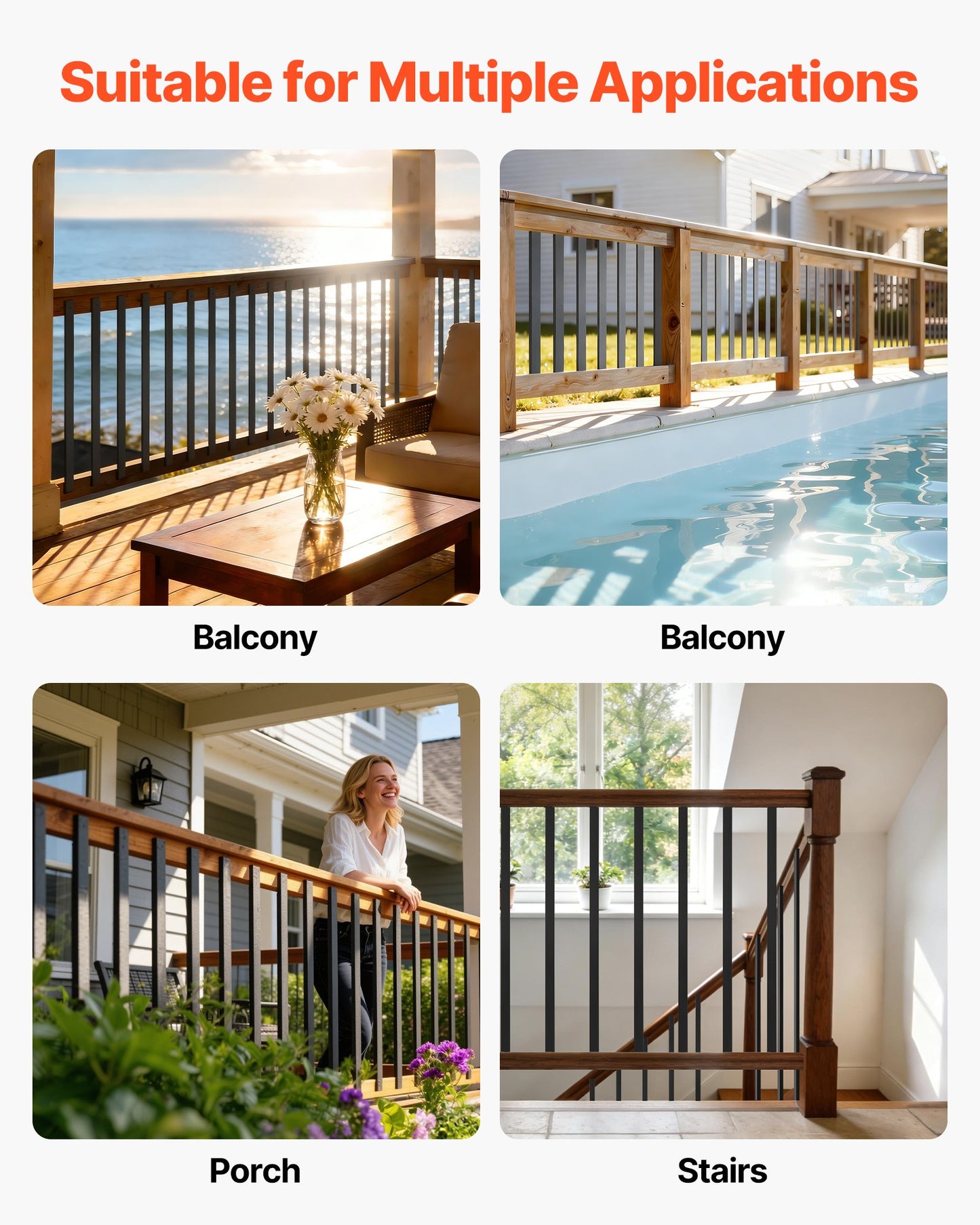 61 Pack Deck Balusters, 91.5 cm Galvanized Steel Railing Spindles, Hollow Rectangle Metal Decking Stair Balusters with Pre-Drilled Hole, End Caps, Screws, for Deck, Porch & Stair Railing, Black