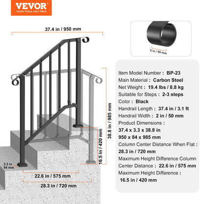 VEVOR 2-3 Step Handrails for Outdoor for Seniors Porch Deck Black Retro Arch