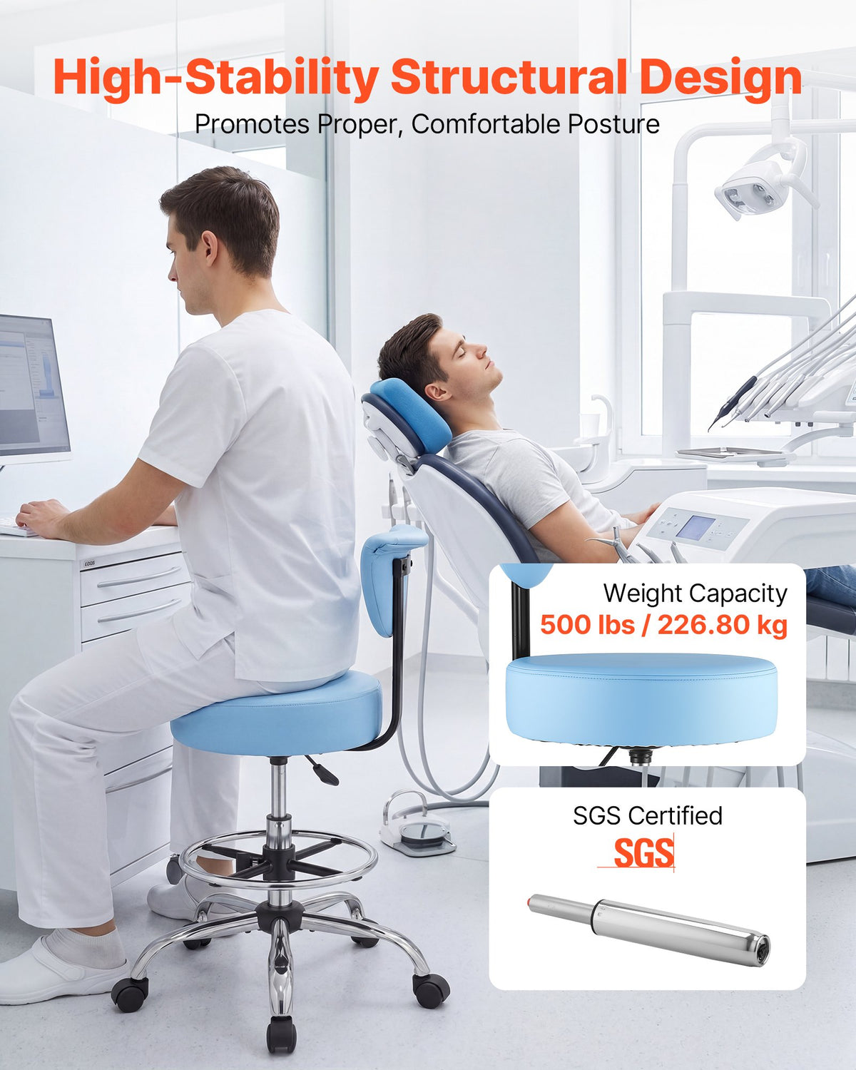 Rolling Stool with Back Support, 226.8kg Weight Capacity, Height Adjustable, Thick Cushion Ergonomic PU Leather Seat, 360° Swivel Round Rolling Stool Chair for Dental, Salon, Clinic, Blue