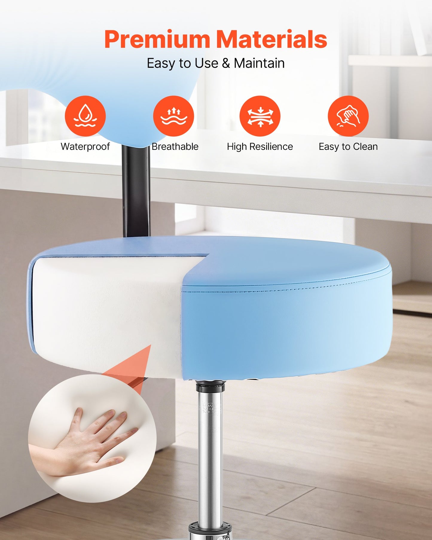 Rolling Stool with Back Support, 226.8kg Weight Capacity, Height Adjustable, Thick Cushion Ergonomic PU Leather Seat, 360° Swivel Round Rolling Stool Chair for Dental, Salon, Clinic, Blue