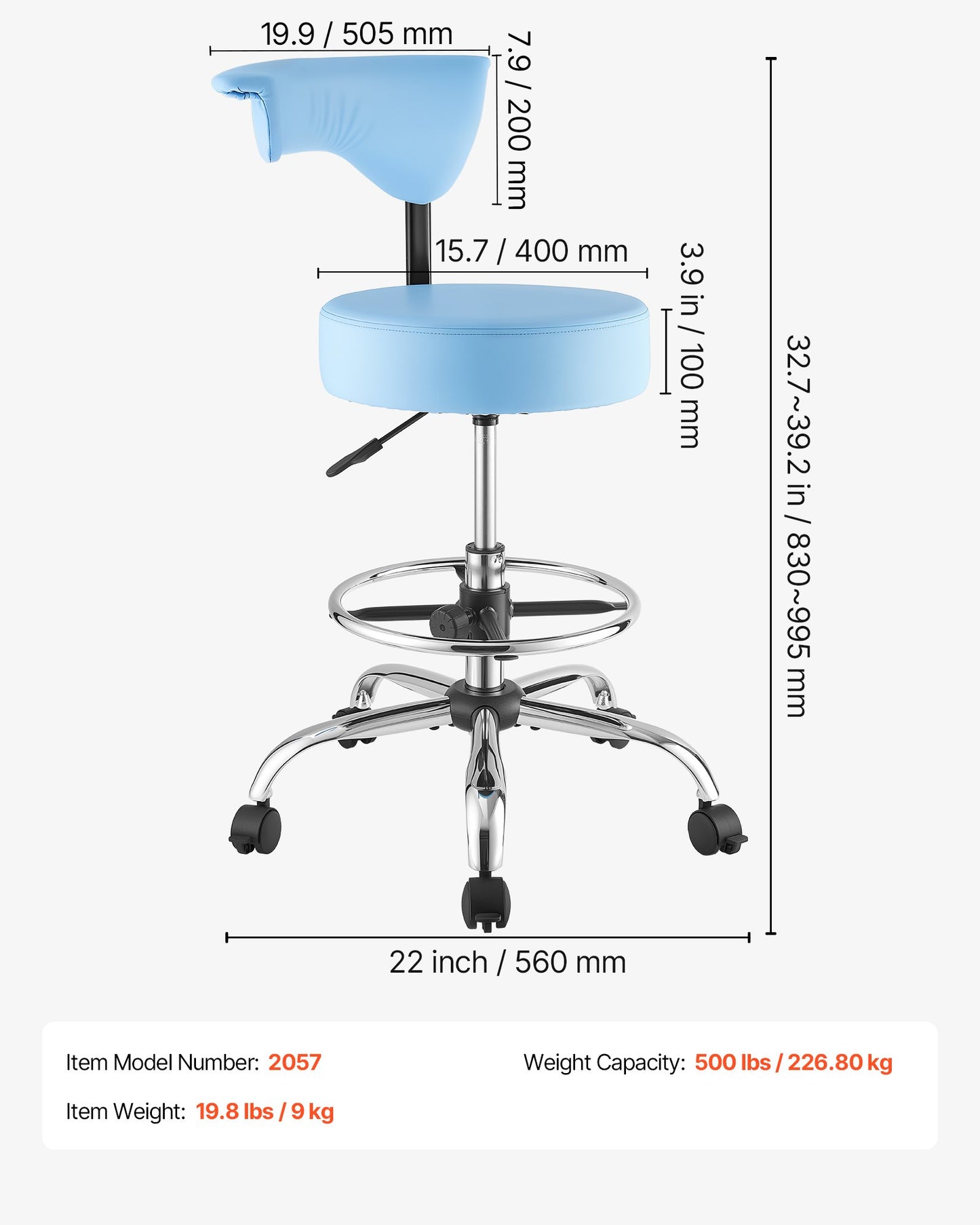 Rolling Stool with Back Support, 226.8kg Weight Capacity, Height Adjustable, Thick Cushion Ergonomic PU Leather Seat, 360° Swivel Round Rolling Stool Chair for Dental, Salon, Clinic, Blue