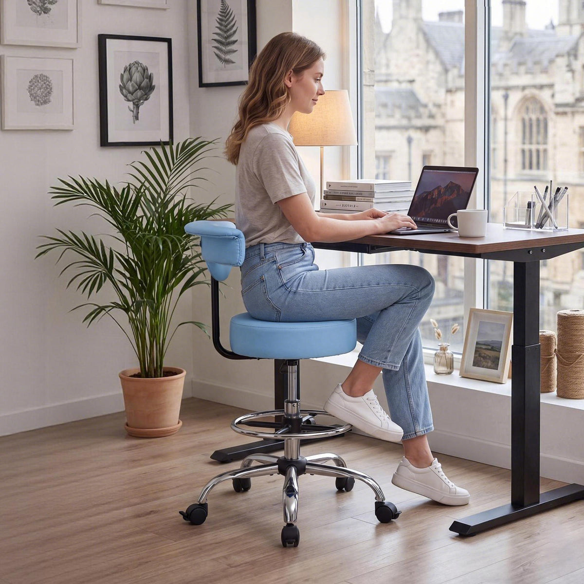 Rolling Stool with Back Support, 226.8kg Weight Capacity, Height Adjustable, Thick Cushion Ergonomic PU Leather Seat, 360° Swivel Round Rolling Stool Chair for Dental, Salon, Clinic, Blue