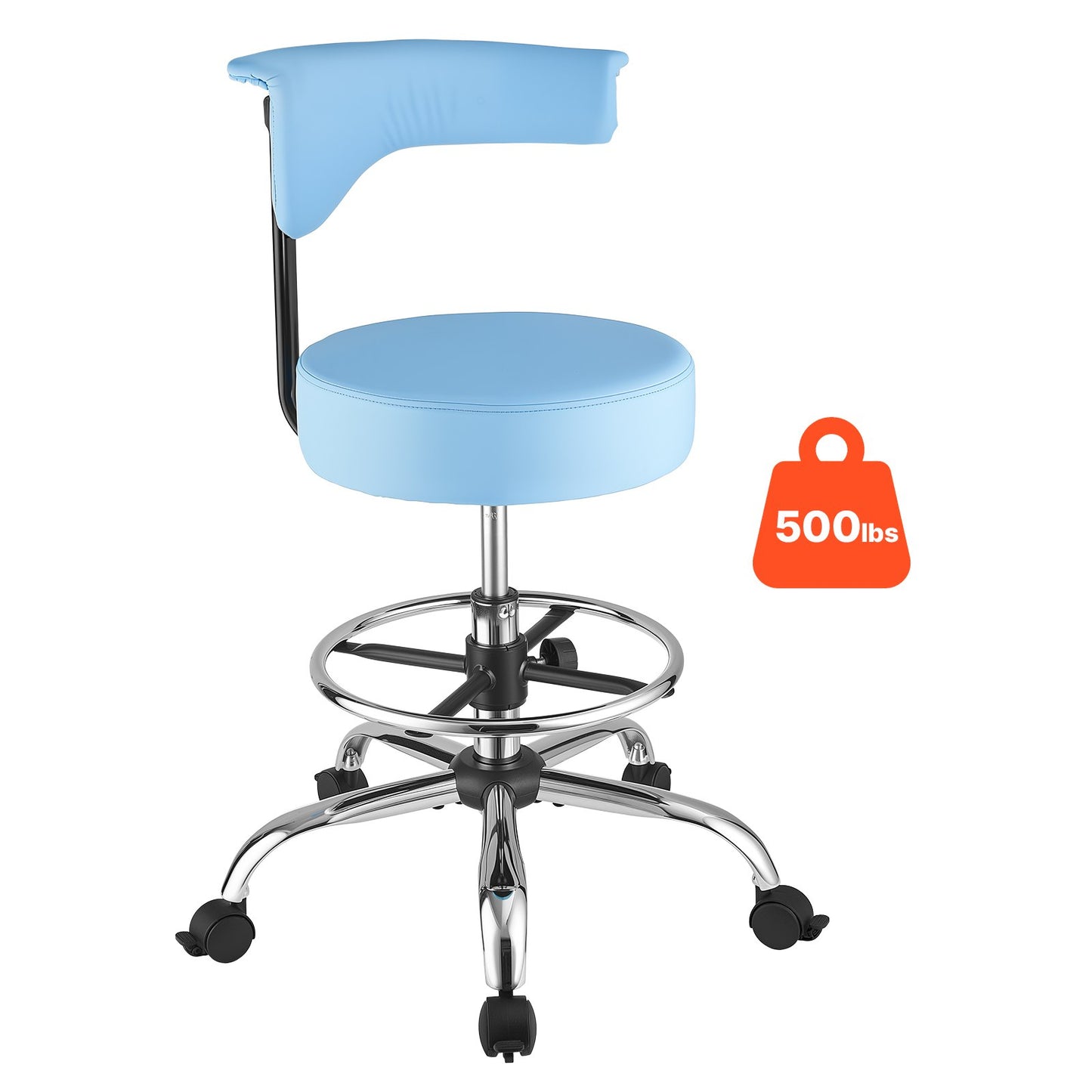 Rolling Stool with Back Support, 226.8kg Weight Capacity, Height Adjustable, Thick Cushion Ergonomic PU Leather Seat, 360° Swivel Round Rolling Stool Chair for Dental, Salon, Clinic, Blue