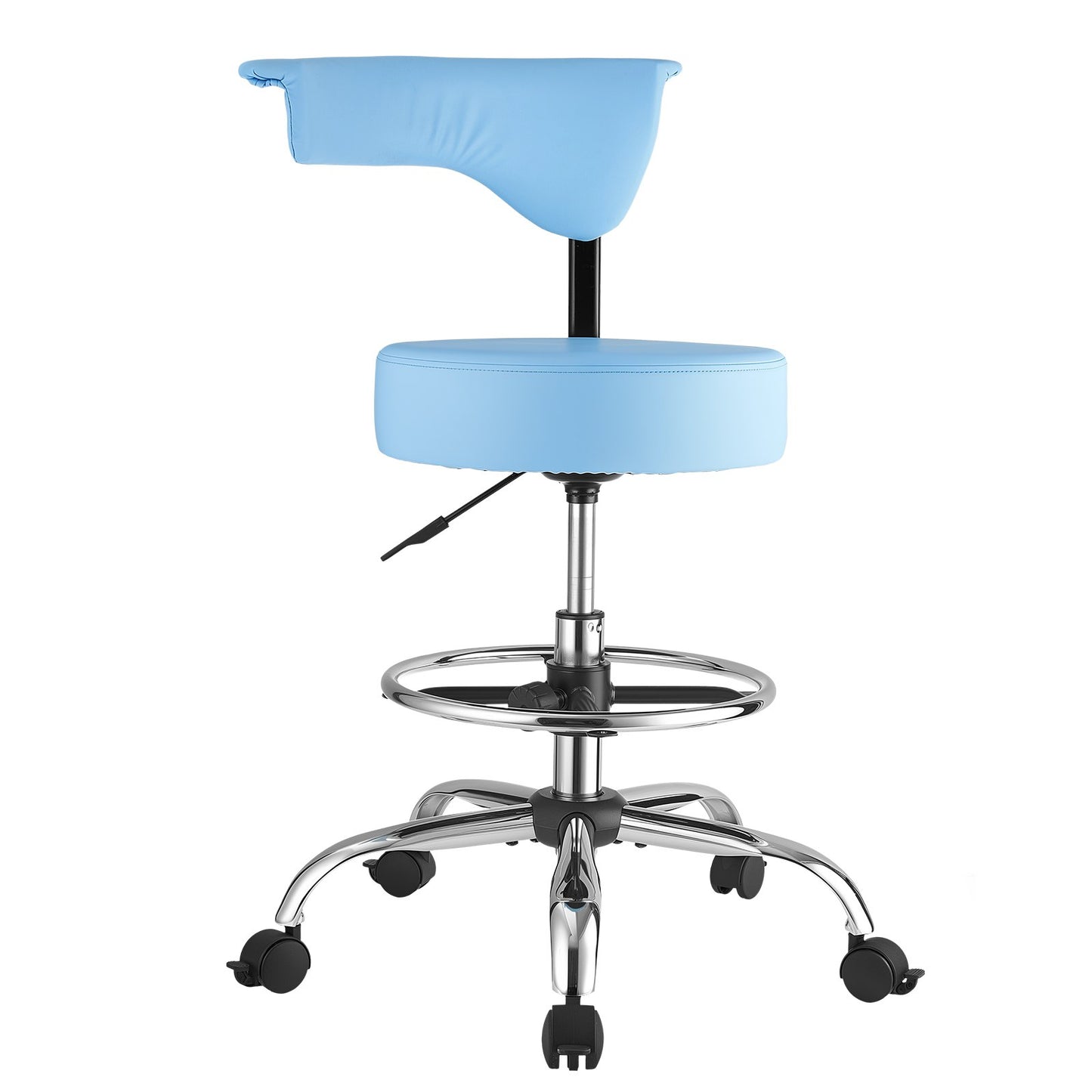 Rolling Stool with Back Support, 226.8kg Weight Capacity, Height Adjustable, Thick Cushion Ergonomic PU Leather Seat, 360° Swivel Round Rolling Stool Chair for Dental, Salon, Clinic, Blue