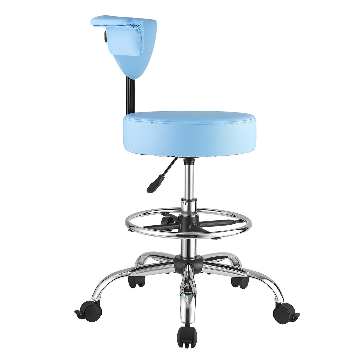 Rolling Stool with Back Support, 226.8kg Weight Capacity, Height Adjustable, Thick Cushion Ergonomic PU Leather Seat, 360° Swivel Round Rolling Stool Chair for Dental, Salon, Clinic, Blue