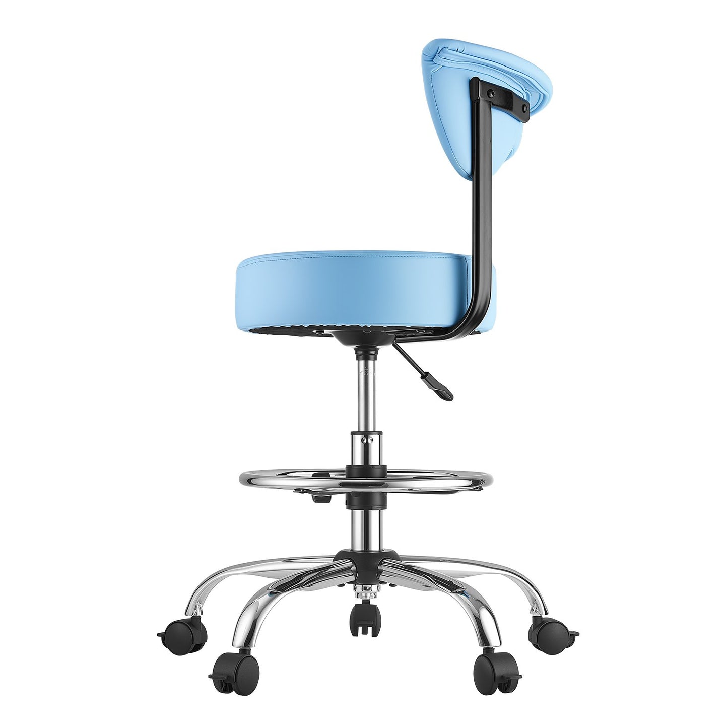 Rolling Stool with Back Support, 226.8kg Weight Capacity, Height Adjustable, Thick Cushion Ergonomic PU Leather Seat, 360° Swivel Round Rolling Stool Chair for Dental, Salon, Clinic, Blue