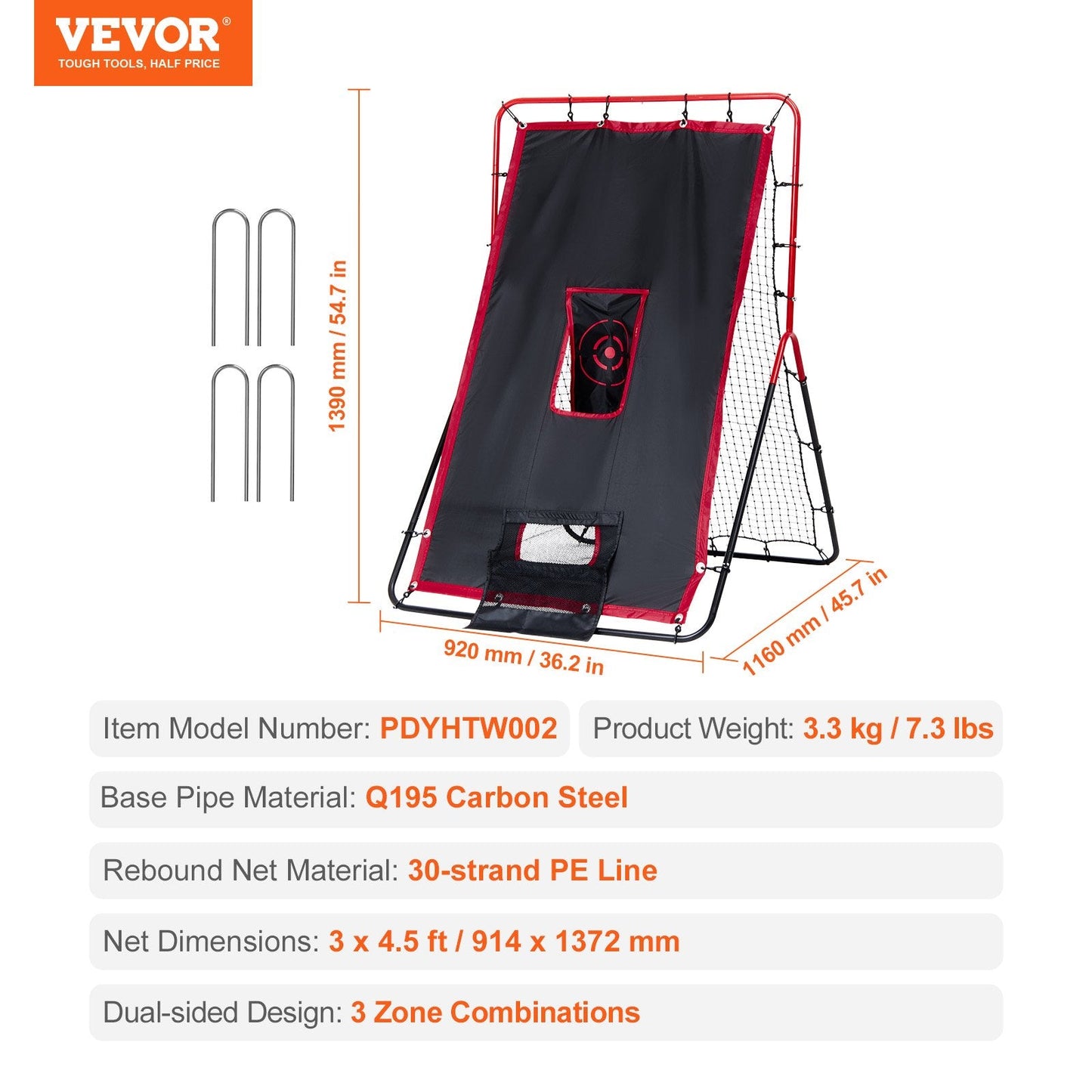 Dual-Sided Baseball & Softball Rebounder Net, 1.1x1.4m, Steel Frame, Portable