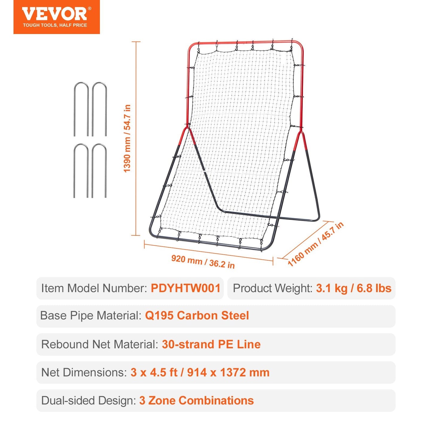 Adjustable Baseball & Softball Rebounder Net, 3-Way Trainer (0.9 x 1.4 m)