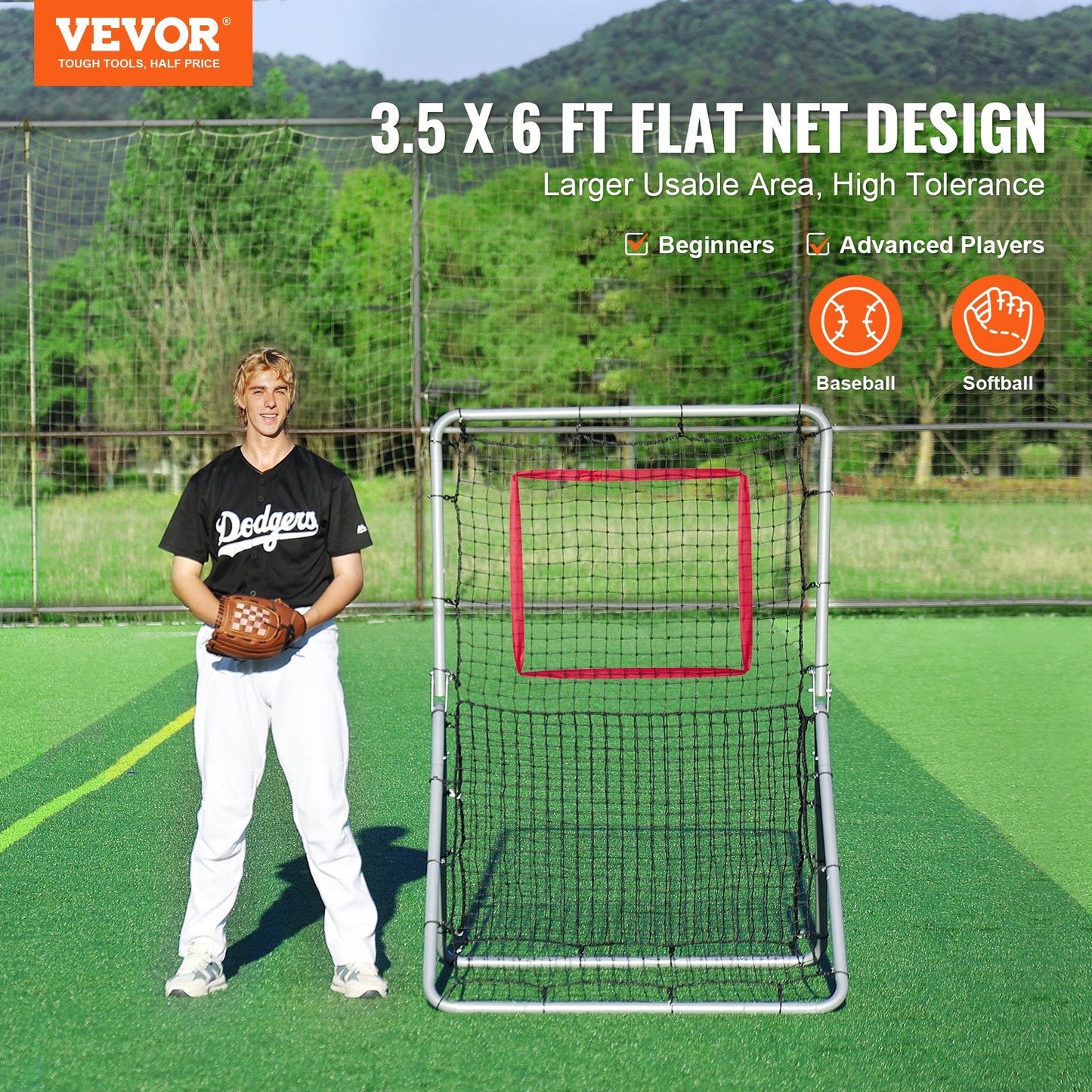 Adjustable Baseball & Softball Rebounder Net, 1.07 x 1.83 m, Steel Frame