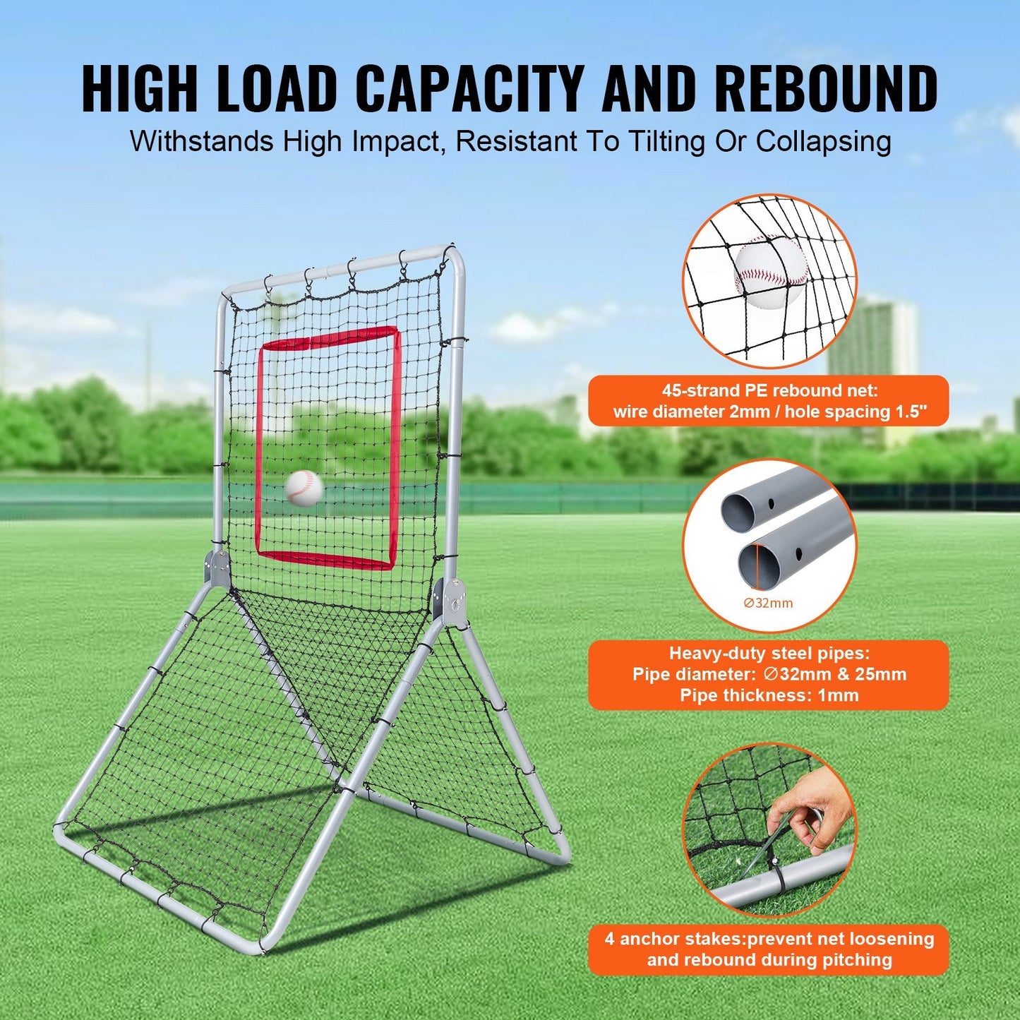 Adjustable Baseball & Softball Rebounder Net, 1.07 x 1.83 m, Steel Frame