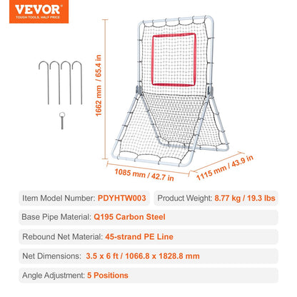 Adjustable Baseball & Softball Rebounder Net, 1.07 x 1.83 m, Steel Frame