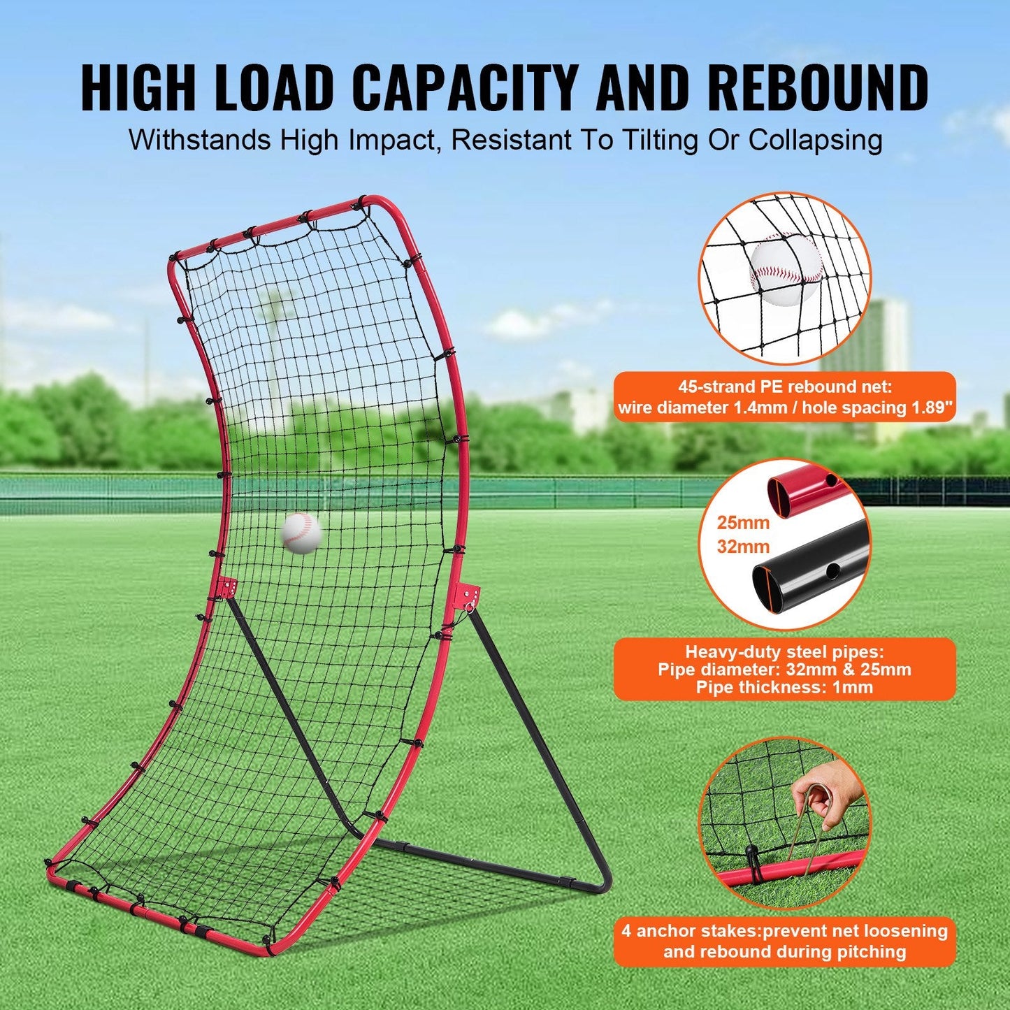 Adjustable Baseball & Softball Rebounder Net - 1.2 x 1.7 m Steel Frame