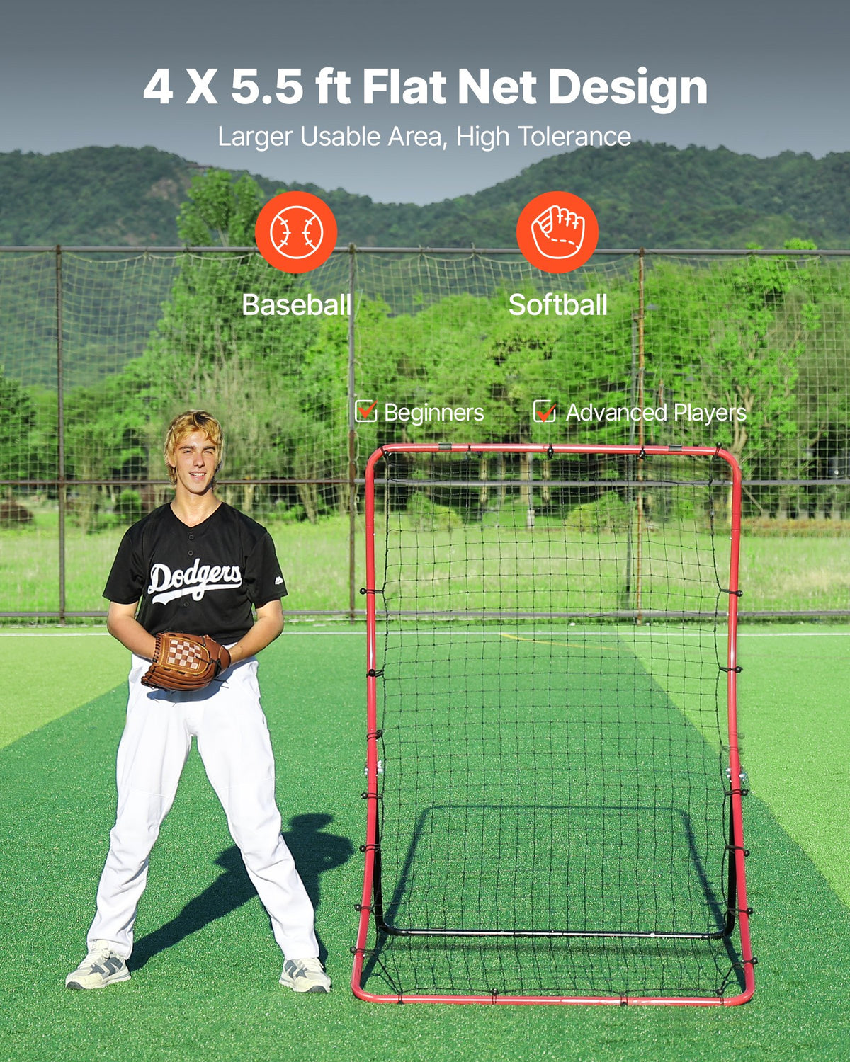Baseball Softball Rebounder Net 1080 x 1740 mm Pitch Back Trainer, 5 Adjustable Angles, Heavy-duty Steel Frame, All Angle Bounce Back Net for Pitching & Fielding Training Aid, Return Practice